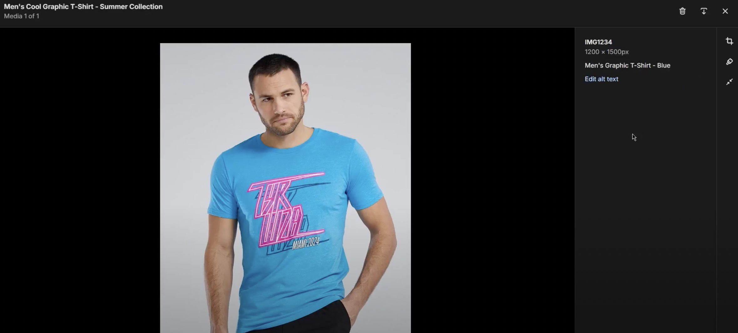 Shopify product image editing screen displaying an alt text input for a product image. Using descriptive alt text like “Men’s Graphic T-Shirt - Blue” helps search engines understand the content, boosting your store’s SEO.